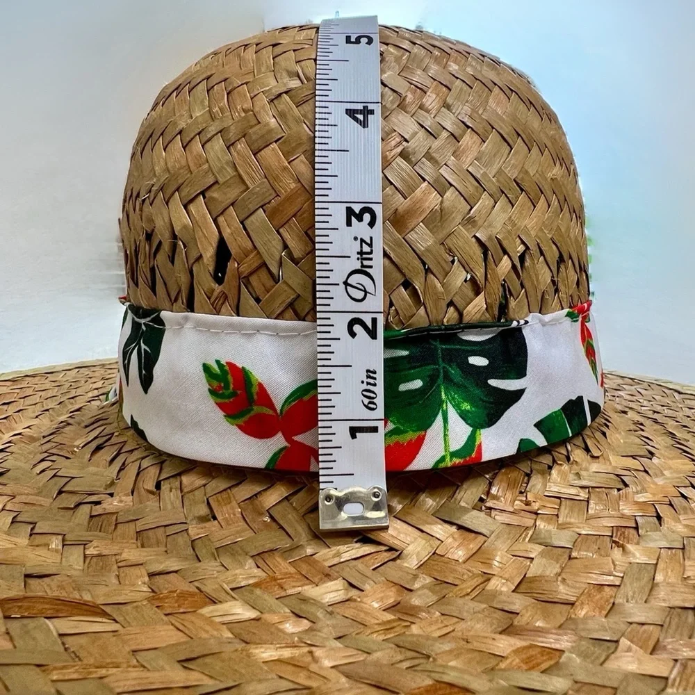 Straw Sun Hat Goldcoast Sunwear Tropical Floral Palm Leaf Band Tan White Green
